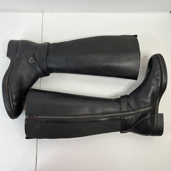 Coach Size 8 Turn Lock Riding Boots Black Leather Side Zip Stretch Panel Women’s - Picture 3 of 13